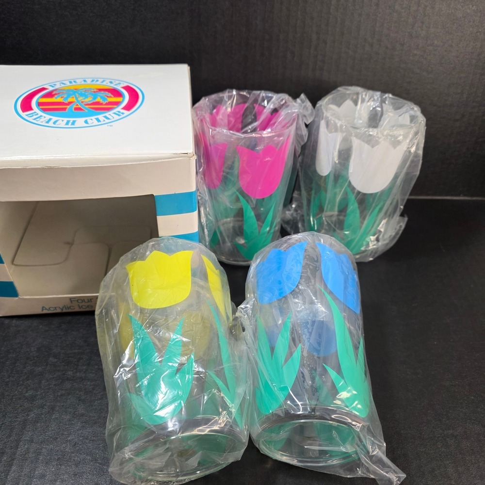 Paradise Beach Club Iced Tea Glasses Set 4 NOS - 22oz Tulip‎ Acrylic Retro